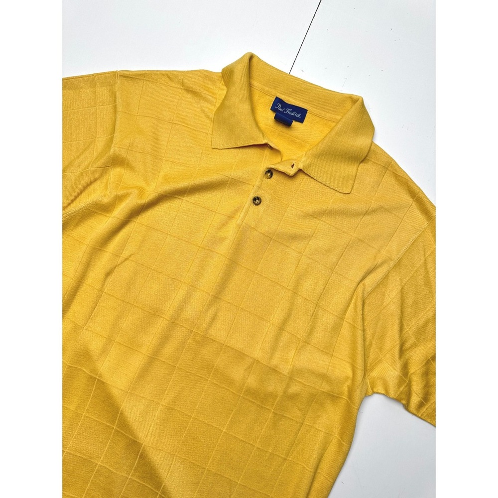 Paul Fredrick Mens Yellow 100% Silk Grid Knit Short Sleeve Polo Shirt Large
